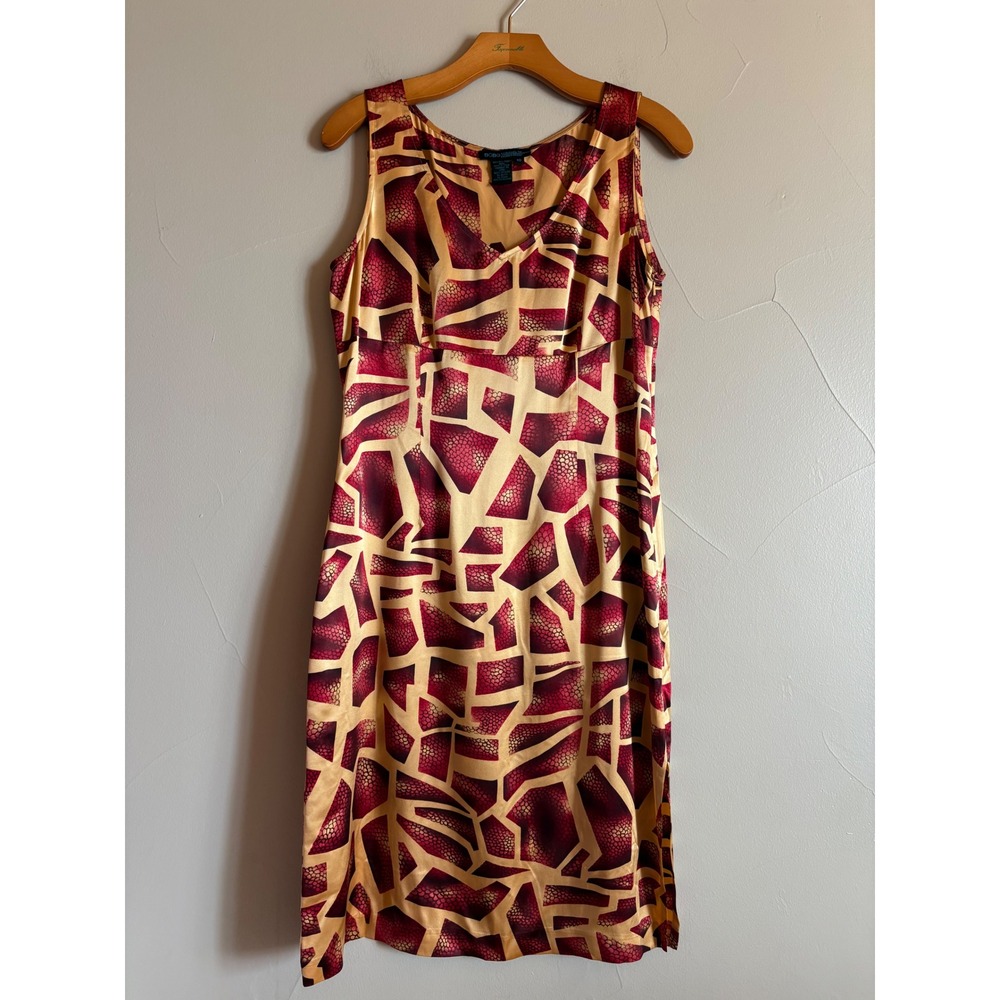 BCBG Nordstrom Y2K 100% Silk Empire Waist Geometric Abstract Safari Dress  SZ 10